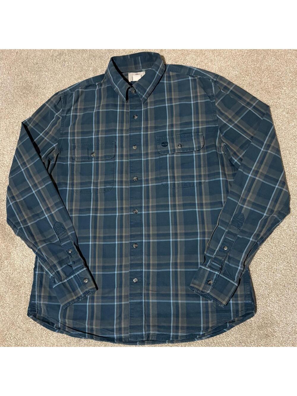 Timberland Mens Slim Fit Blue Plaid Button Up Shirt Cotton Embroidered, Sz M